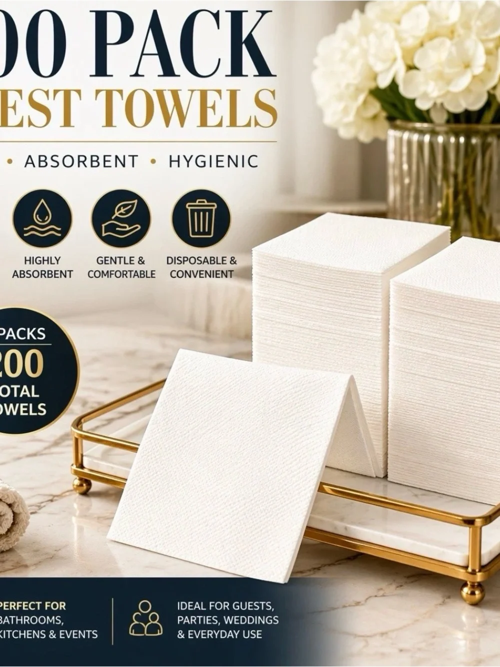 200 Disposable Guest Towels White Bathroom Napkins Soft Party Wedding